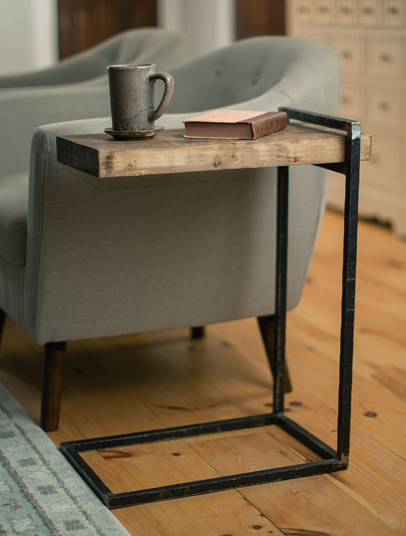 What iron finish, iron accent, and top finish is the Meridian "C" Table next to the chair with the mug and book on